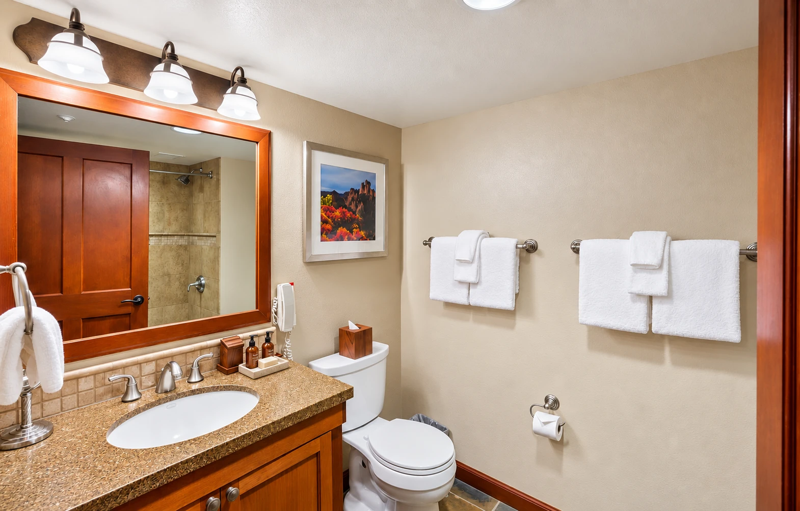 King room — Private bathroom; digitally styled linens and accessories