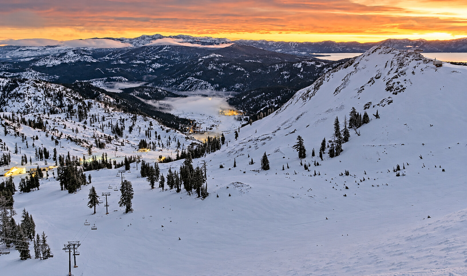 Olympic Valley mountain landscape at sunset in winter; destination scenery