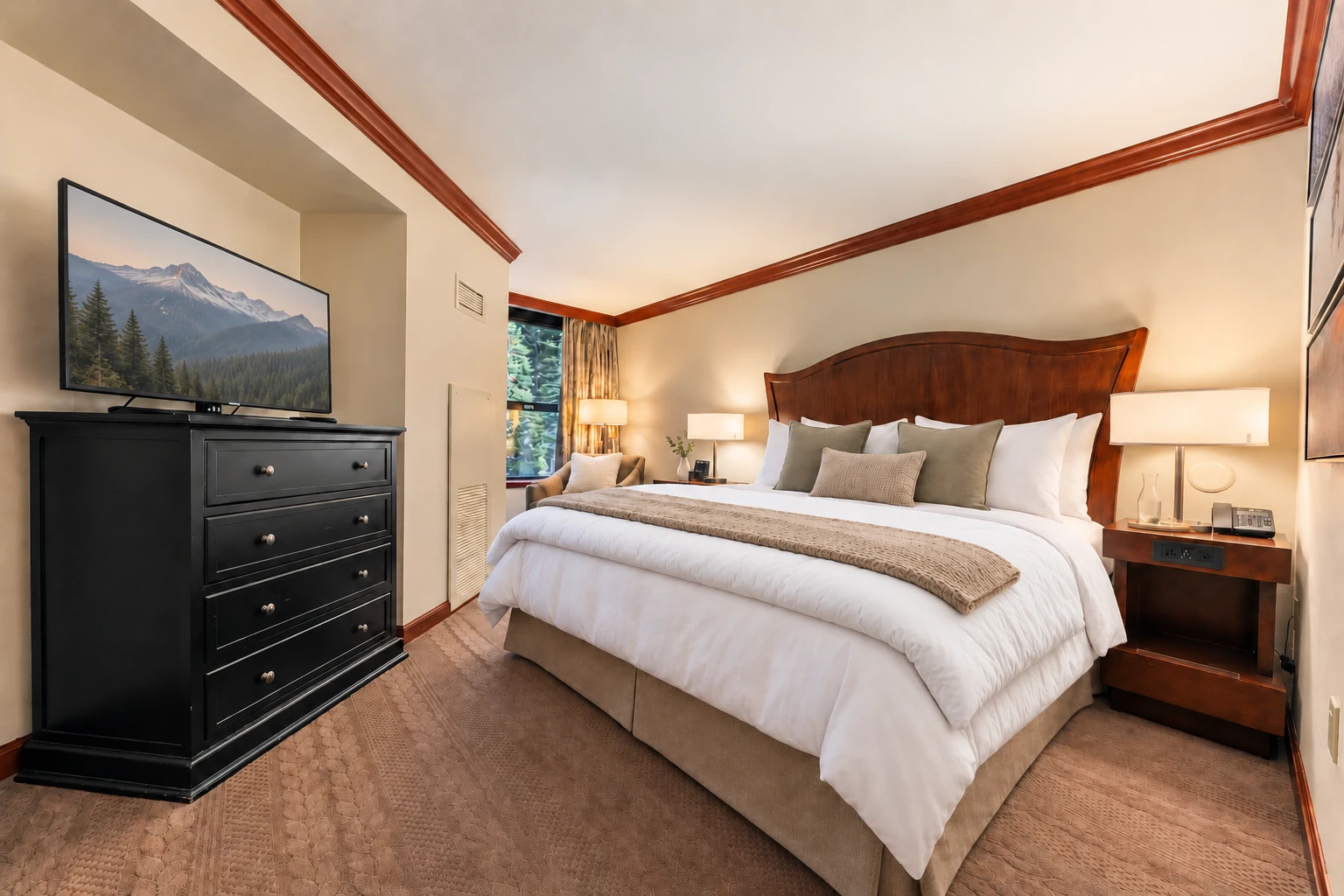 One-bedroom suite — King bedroom; digitally styled linens and accessories